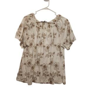 Cathy Daniels Cream Stretch Floral Puff Sleeve Scoop Neck Pullover Blouse Sz XL